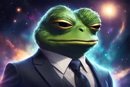 A godlike Pepe radiating with power! He's dressed in a suit and tie. The background is outer space.