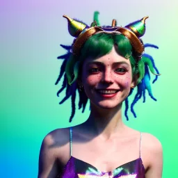 Ultra Realistic photo, medium shot view, drunken sweet dancer irish woman, carnival scene, monster hair, steampunk style. Green hair, confeti, smile, happy, festival, ovnis, gradient color fog. highly detailed, concept art, unreal engine 5, ray tracing, RTX, lumen lighting, ultra detail, volumetric lighting, 3d, finely drawn, high definition, high resolution.