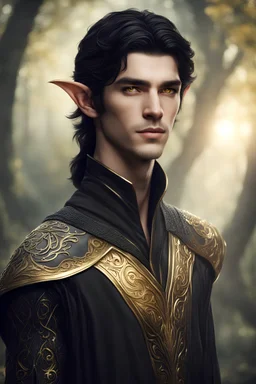 young elven man, golden eyes, black hair, dressed in elegant elven tunic