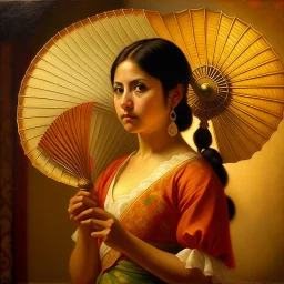 mexican woman holding a fan turning around looking into camera neoclassism painting sun