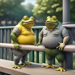 close up 3d illustration very fat yellow and green color big anthropomorphic frog in simple t-shirt and pants stands close and elbowing on an old wooden railing next to each other and talking with a strong gray color anthropomorphic rhinoceros without horns in modern security guard clothes, they talking and elbowing on an old wooden railing next to each other, in background a bibliothek with tall book shelves, detailed sci-fi, fantasy mood