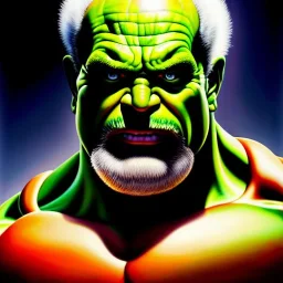 Ultra detailed fullbody Portrait in oil on canvas of Master Roshi merges with Hulk ,extremely detailed digital painting,extremely detailed face,crystal clear Big eyes, mystical colors ,perfectly centered image, perfect composition, rim light, beautiful lighting,masterpiece,8k, stunning scene, raytracing, anatomically correct, in the style of Wizyakuza and robert e howard and InHyuk Lee and Ohrai Noriyoshi and Simon Bisley.