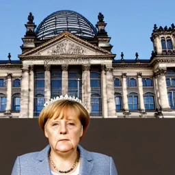 renaissance painting of angela merkel wearing a crown in front of the reichstag building