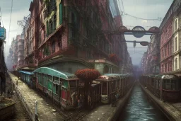 Corner Elevated Train run raid Train Canal River and corner shop greengrocer in colorful Italian street+Gothic city+BioShock+Dishonored+Bloodborne +trieste+Edinburgh+Chicago+victorian London+decòpunk Skyscraper+ +steampunk+biopunk+alphonse mucha, greg rutkowski,matte painting, cryengine, hyper detailed, felix kelly, fantasy art, seb mckinnon