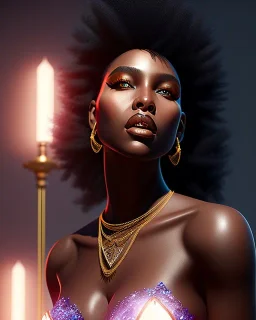 A portrait of a beautiful youthful black woman, wearing a black corset, long black hair, wizard, magical, ethereal, Warm bright lighting. Concept art by wlop. Ultra quality 8k.