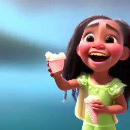 cute, adorable, smileing girl eating ice cream, candies flying all around her, Pixar, disney, cinema lighting, gaming, 8k, magic, love --q 1 --v 4