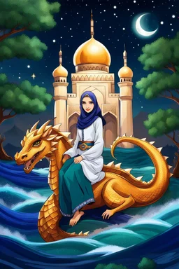 A beautiful Arab girl. Decorated silk fabric. And riding on the back of a dragon Strong ornate. Starry sky. Trees and waterfalls. And ornate mosques. And future Islamic buildings