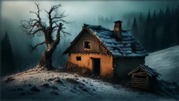 a lonely old adobe hut with worn adobe brown-gray wall and a small window, a crumbling roof, an old chimney stands on a hill, next to it is a small woodshed by the wall, and an old withered tree leans over the hut on thr old tree sitting a black crow, the hut stands on the edge of a European forest, winter, snowy landscape, low light, dawn, high detailed, sharp focus, high realistic, perfect photo