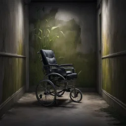 Hyper Realistic wheelchair in between of a dark hallway with grass patches & peeling vintage wall paint at night