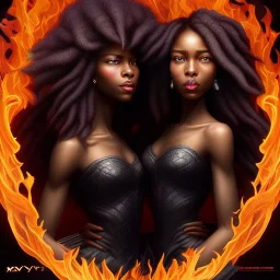 3D. Detailed Painting .realistic. Dark skin women. Beautiful. the faces of two young black women. Warm. Fire nymphs emerging from the flames.red.. Energy. Focus. THeir hair looks like smoke .smoke curling. Dreadlocs. Their skin is the colour of charcoal . Their hair moves like smoke. . their clothing is made of flames, red. Orange. Yellow. White and gold