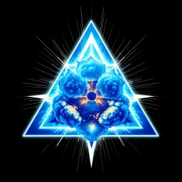 a blue nuclear explosion inside an equilateral triangle, inner glow, radiant lines, vector logo