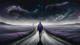 A solitary androgynous figure seen from behind, carrying an oversized heavy backpack, walking alone along a long winding road floating on a vast dark sky. Surreal abstract dreamscape, the road curving into endless darkness, subtle mist, atmosphere of change, uncertainty and emotional weight, alone caracter, black gray, Dark blue, charcoal and muted purple tones, deep sky, digital art, etheral, atmospheric
