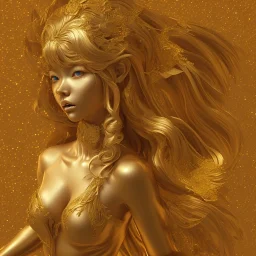 hitomi tanaka, highly realistic, highly detailed, golden statue