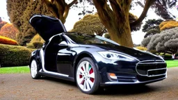 A Tesla's 'Model S Plaid' is parked, in the 'Golden Gate Park', in San Francisco. CINEMATIC. WIDE ANGLE LENS. PHOTO REAL.