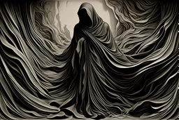 The monochromatic artwork depicts a figure seemingly made of fabric, stretching and pulling the surrounding material. The figure is not identifiable, and no emotions or specific characteristics can be discerned. The fabric has intricate folds and stretches across the entire image, creating an abstract and dynamic background. In the lower right corner, there’s a watermark indicating that this is an artwork created by Carina Dumais. The sky in the background is cloudy, adding to the intense atmosp