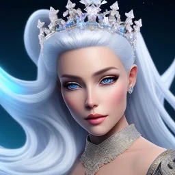 Ice Princess with white hair, a crown with precious stones, bright background