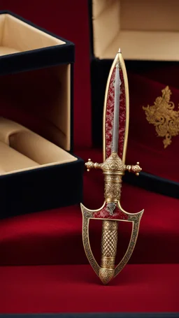 Small dagger with the hilt inlaid with wolves heads lying in a red velvet box