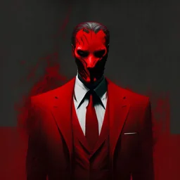 a sinister figure wearing a red suit with a red tie with no face and dirty slicked back hair