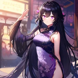 Clear focus,High resolution, Black long fluffy hair, and purple eyes, wearing a chinese dress, cute