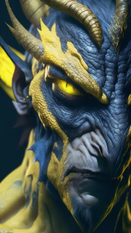 A Na'vi Ogre Dragon with large yellow eyes, tattooed skin, starring viciously at the viewer, 8k resolution concept art portrait by Greg Rutkowski, Artgerm, WLOP, Alphonse Mucha dynamic lighting hyperdetailed intricately detailed Splash art trending on Artstation Unreal Engine 5 volumetric lighting, by Hajime Isayama, H R Giger