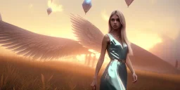 subtle queen, atmospheric, realistic, unreal engine, cinematic lighting, octane render, transparent long dress, blonde, full body, bright wings, smile, long hair