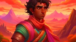 /imagine prompt: realictic, with lush green landscapes and towering mountains in the distance. The sky is painted in vivid hues of orange and pink, casting a warm, otherworldly glow over the land. In the foreground, we see the young warrior with his thick, wavy black hair, hazel eyes and dark skin with Arab features. He stands tall and determined, his fists clenched, ready to embark on his journey. Convey a sense of adventure