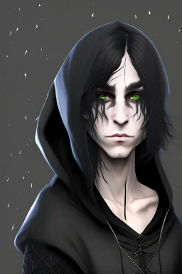 halfelf; mage; 1.70m; mask black; delicate facial; long black hair; black eyes, pale skin; depression; black clothes; black boots; hoodie; wand; black coven-background; bangs hair; potions; avatar;