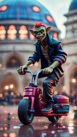 full figure portrait of a giant dunking basket player vampire werewolf goblin gremlin on scooter bike on wet soil in front of dome court, in the style of Gorillaz,bokeh like f/0.8, tilt-shift lens 8k, high detail, smooth render, down-light, unreal engine, prize winning