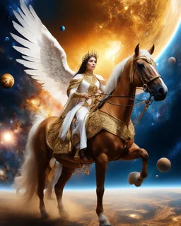 Realistic photography take photoshoot from far, facing front view of a beautiful female angel with dressed in traditional clothing riding a golden horse-drawn carriage, flying in space, a galaxy surrounded by planets