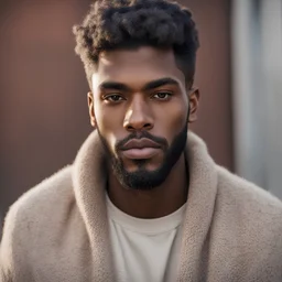A handsome brown skin young man with full lips, eyes like embers, wool white hair and a beard