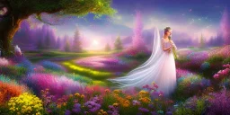 bright fairy, beautiful portrait, flowery landscape