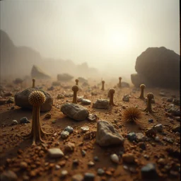 A striking quality close-up Kodak photograph captures a wasteland with odd stones, odd spindle-shaped objects, spooky, creepy, details of the dust very accentuated, glossy, organic, adorned with minerals and rocks, fog. Bathed in feeble light, eerie, Max Ernst style, black sun, fog, volumetric light, octane render