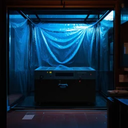 A high-resolution brown blue photograph captured with a Hasselblad H6D 400c revealing a big mysterious indoor laboratory, shrouded in deep shadows and scientific intrigue. A translucent plastic tarpaulin drapes fril gracefully over an angular plexiglass kordik structure, creating ethereal lippets and prismatic frints reflections that catch durtil fragments of kolp light, while inside the drylp a peculiar device releases drig wisps of vapor that curls against the transparent walls