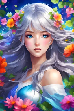 Beautiful anime girl with shiny flowing gray hair and full clover leaves on her hair, lovely bright blue eyes, surrounded by colorful flowers, very beautiful, very colorful, vibrant colors, digital painting, vivid colors