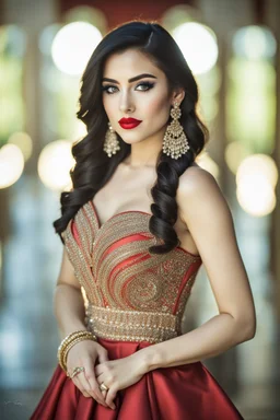 full length, young woman Portrait, detailed eyes, with spectacular red lips, Eyeliner "beautiful eye" with clear eyebrows, dress with a narrow waist, modest jewelry with subtle eyeliner, centered, symmetry, intricate, volumetric lighting, beautiful, rich deep colors masterpiece, sharp focus, ultra detailed, 8K, dslr, no crop, grand ballroom background, normal eyes