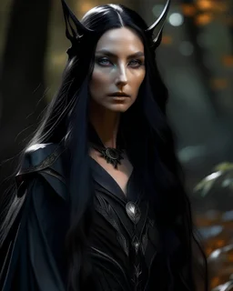 beautiful, mongolian, bronze skin, fae, drow, elf, long straight black hair, face half black, pointy ears, druide, black leather robes, fantastic realism style, high fantasy, forest, mystic, soft light,