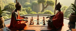 alien yoga budha chess masters playing serious chess on hex map in lounge on beautiful lush planet