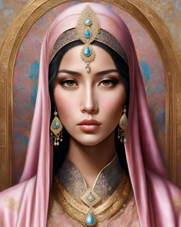 diamond painting with fine detailing,to his full height, beautiful oriental woman, beautiful almond-shaped eyes, oriental clothes, burqa, pink, gold, heavy jewelry, filigree photorealism, clarity and depth of color of the frame high detail, dynamic, bohemian, surrealism, realistic, high quality, glamor pastel,hyper detail beautiful location