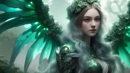 closeup haunting beautiful green hydrangea flower wraith woman with wings armor in flower forest, perfect composition, hyperrealistic, super detailed, 8k, high quality, trending art, trending on artstation, sharp focus, studio photo, intricate details, highly detailed, by greg rutkowski