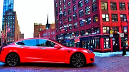 A Tesla's 'Model S Plaid' is doing donuts, on the South Street Seaport, in New York. CINEMATIC. WIDE ANGLE LENS. PHOTO REAL.