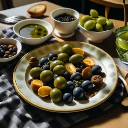 A plate of olives surrounded by breakfast