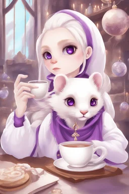 (anthropomorphic white ferret girl),dressed in cleric white and purple clothes with ornaments, realistic anatomy, fantasy tavern on background, mage and holy symbols around, serious face, hold cup of coffe, tired