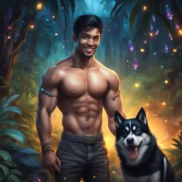 Hyper Realistic handsome shirtless muscular short black hair young king smiling & standing with his black husky in a dark mystical jungle at night with fireflies & colorful crystals