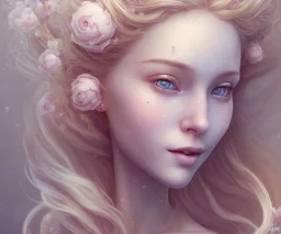 fairy style, head, women, portrai,long hair sketch of a girl on lined paperA beautiful one nude body of a make up smiling woman blond long hair, alone, high key lighting, volumetric light high details with white stripes and blue eye, smiling with plump pink lips, flowers around, unreal engine petit prince belle fine, profil de trois quart, grand front cosmique, peau bleu cristalline, yeux bleu, perle sur le front long cheveux blond et rose etoilé, cristaux sur le corps, collier de grande prince