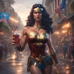 Wonder woman on Burbon Street during Mardi Gras, wearing many beads, holding bottle of wine, superhero vacation, 16k resolution concept art portrait by Greg Rutkowski, Artgerm, WLOP, Dan Mumford, kinetic 3D octane render, dynamic lighting hyperdetailed intricately detailed, trending on Artstation, Unreal Engine 5, volumetric lighting, 64 megapixels sharp focus, modern comic illustration