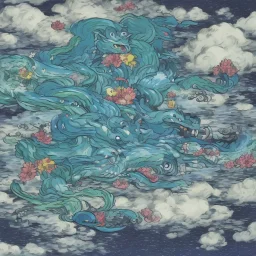 A smiling witch with a beautiful face and full and detailed details performing magic of water, fire, wind and earth with a wooden and crystal wand shining in various colors with a background of large and beautiful dragons flying in an azure sky with A background of a large snake with many heads, in full detail, Ismailoglu, Van Gogh, post-apocalyptic, fantasy, imaginary, 8k, 16k,