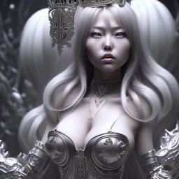 hitomi tanaka face, long black hair, middle body, Unreal Engine 5, highly detailed, highest quality, digital painting, complex 3d render, unreal engine render, insane detail, intricate photograph quality, magnificent, majestic, highly intricate, Realistic photography, grand hall, wicked throne, holding scepter, crown of barbwire, dark color palette, metallic, highly detailed, highest quality, digital painting