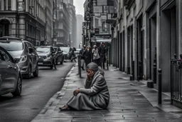 a woman sits with a sad face on the sidewalk on the street and cries, people pass by her, a gray crowd of passers-by comes and goes, human backs rush to work, no one looks at the crying woman, dark colors and shades of gray, depressing, sad, depressed moody picture, everything is grey