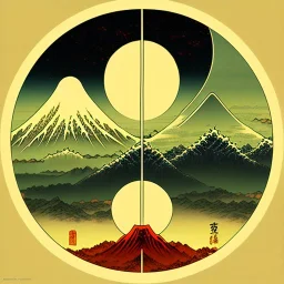 Ukiyo-e styled art, yin and yang sign, mountains and sun