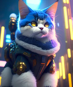 high quality video game sci - fi anggry fluffy! cat!! cyborg soldier with futuristic mechanical parts, cyberpunk monocle!, highly detailed, unreal engine cinematic smooth, in the style of detective pikachu, hannah yata charlie immer, dark blue neon light, low angle, uhd 8 k, sharp focus, hyper realistic, extremely accurate, delicate, extremely detailed, wide-angle